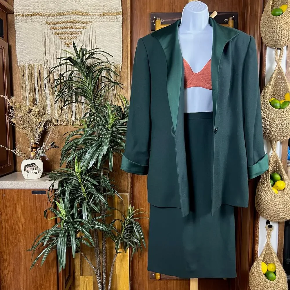 Vintage Christian Dior Skirt Suit Wool Green Blazer Skirt 2 Piece 80s 90s USA